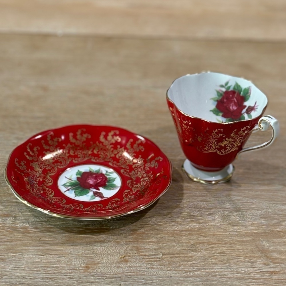 Vintage 50s Royal Standard Red Cabbage Rose Teacup Saucer Plate Set , Bone China